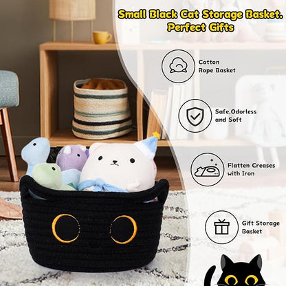 Small Storage Basket, Black Cat Cotton Rope Baskets Woven Blasket for Nursery, Blanket Basket Baby Toy Storage Organizer With Ears for Gifts Cat Dog Bin Toys 8.5×4.5 inches