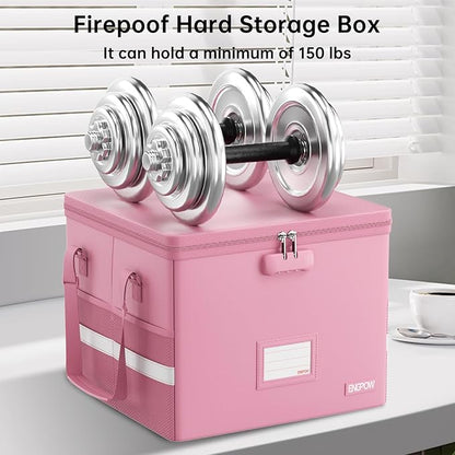 ENGPOW 5200°F File Box Fireproof Document Box with Lock,Heat Insulated Collapsible File Storage Organizer Box with Handle,Portable Home Office File Cabinet for Hanging Letter/Legal Size Folder, Pink