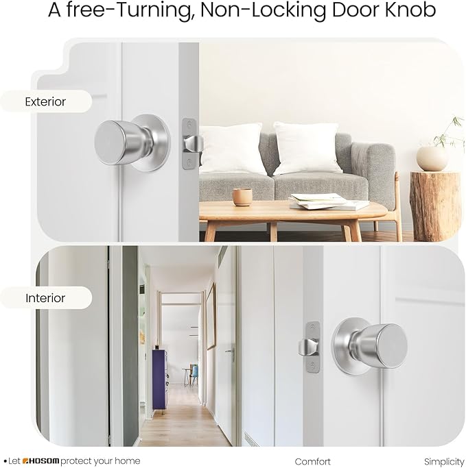 HOSOM Passage Door Knob, 2 Pack Interior Door Knob, Keyless Door knobs for Interior Doors, Hallway, Closet and More, No Locking Satin Nickel Door Handle Knob