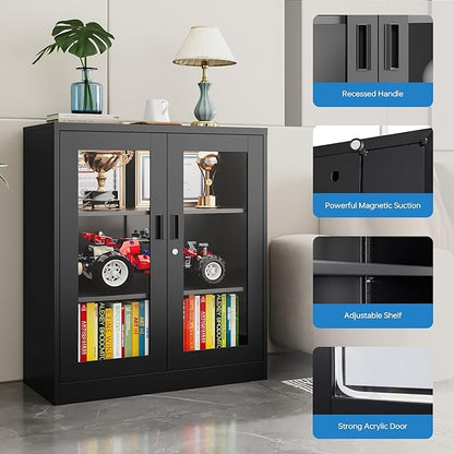 Display Cabinet with Acrylic Doors, 35.4 Inches Metal Curio Storage Cabinet with 2 Adjustable Shelves, Locking Display Case for Home, Office, Clinic, Pantry, Assemble Required (Black)