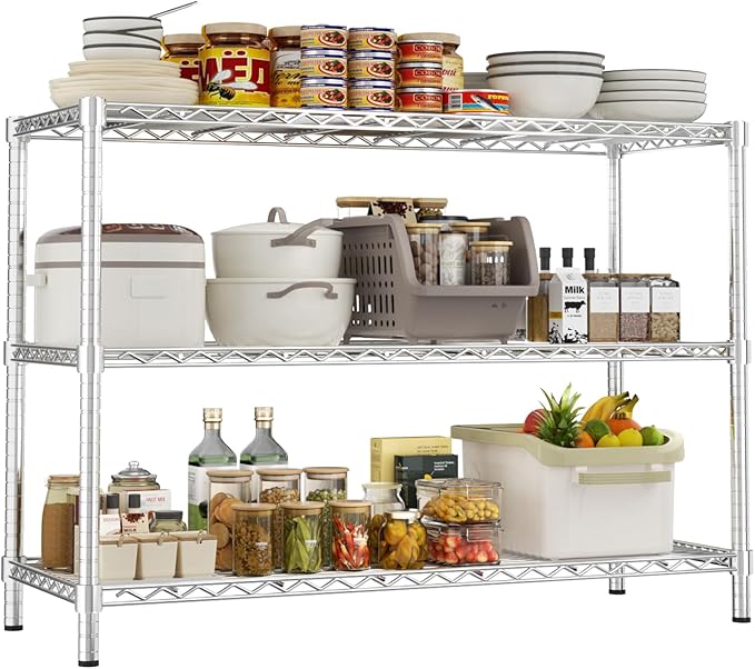 Storage Shelves Heavy Duty, 45" W x 20" D x 47" H Garage Wire Shelving Unit Loads 1200LBS, 3-Tier Adjustable Metal Industrial Utility Shelf Rack for Kitchen, Laundry Room, Pantry, Warehouse, Basement