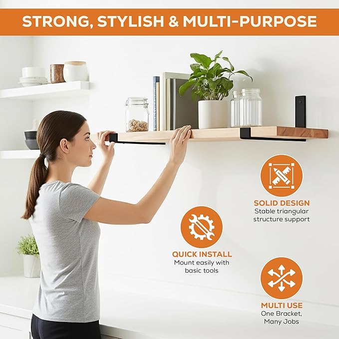 12 Inch Shelf Brackets w/ Level Tool + 2 Magnetic Hooks, Heavy Duty Black Steel L Brackets (4 Pack), 0.2 Inch Thick, Hardware Included, Wall Shelf Brackets