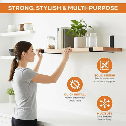 12 Inch Shelf Brackets w/ Level Tool + 2 Magnetic Hooks, Heavy Duty Black Steel L Brackets (4 Pack), 0.2 Inch Thick, Hardware Included, Wall Shelf Brackets