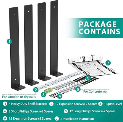 Goovilla Heavy Duty Floating Shelf Brackets 12 Inch for 2×4” Wood Stud, 4 Pack L Brackets for Shelves or Shelving, Black Coated Metal Shelf Hardware with 160 lb. Load Capacity and Easy Installation