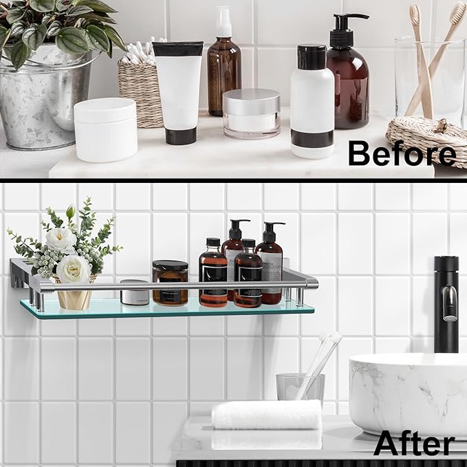 Glass Shelves for Bathroom, 20IN Rectangular Chrome Stainless Steel Tempered Glass Shelf Wall Mount Shelf Sink Over Toilet Modern Bathroom (Chrome Polished, 20‘’)