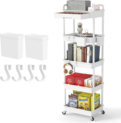 5 Tier Rolling Utility Cart with Drawer,REBECAT Utility Cart Made of Multifunctional Storage Organizer Tool for Kitchen,Bathroom,Living Room,Office(White)