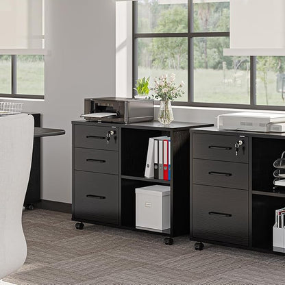 Panana 3 Drawer Office File Cabinets, Mobile Lateral Printer Stand with Open Storage Shelf, Rolling Filing Cabinet with Wheels Home Office Organization and Storage (Black)