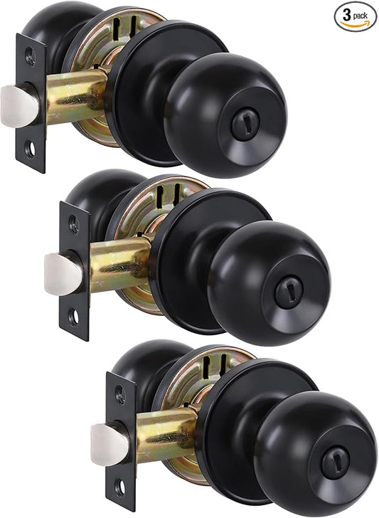 Lanwandeng (3Pack) Matte Black Privacy Door Knobs with Lock for Bedroom/Bathroom, Keyless Interior Door Locksets