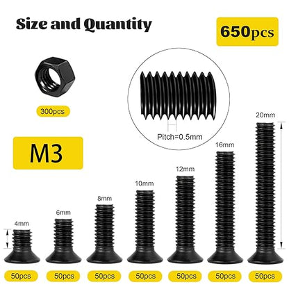 650pcs M3 Countersunk Screws Assortment Kit, M3x4/6/8/10/12/16/20 mm Phillips Flat Head Bolts and Nut Assorted Set, Machine Screws Grade 8.8 Alloy Steel Black Zinc Plated
