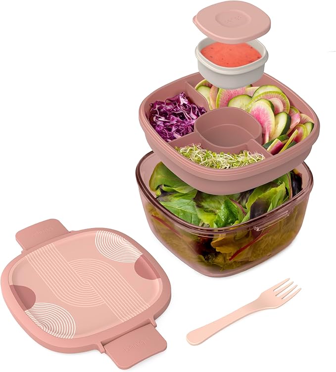 Bentgo Glass Prints Salad Container - 7.6-Cup Tinted Glass Salad Bowl with Airtight Lid, Leak-Proof Sauce Container, 4-Compartment Bento Meal Prep Tray & Reusable Fork (Mod Curve - Desert Rose)