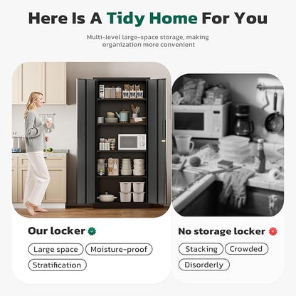 Greenvelly Metal Cabinet, 63”Tall Kitchen Pantry Storage Cabinets with 2 Lock Doors and 4 Adjustable Shelves,Black Kitchen Cabinet Storage for Dinning Room,Garage,Office
