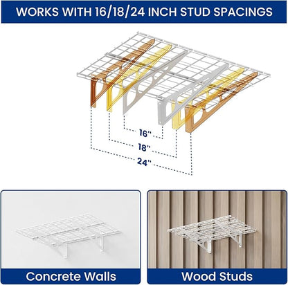 FLEXIMOUNTS 2-Pack 2x6ft Garage Shelving with Hooks, 24-inch-by-72-inch Wall Shelf Garage Storage Racks Floating Shelves, White, Classic Series
