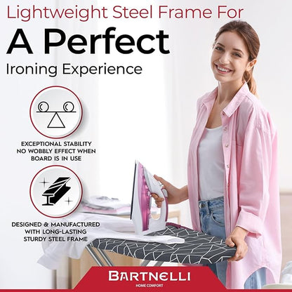 Bartnelli Compact Ironing Board, 13x43 Space-Saving Steel Foldable Iron Board, 4 Layer Cotton Cover, Adjustable Height, Bonus Hanger and Silicone Iron Pad