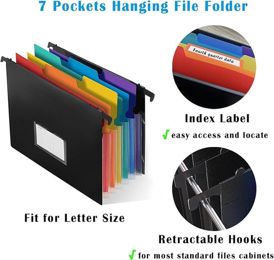 TRANBO 7-Pockets Hanging File Folder with Retractable Hooks for Filing Cabinet, 2 in 1 Expandable Accordion File Organizer with Elastic Band for File Frame or On-The-Go Use (1 Pcs)