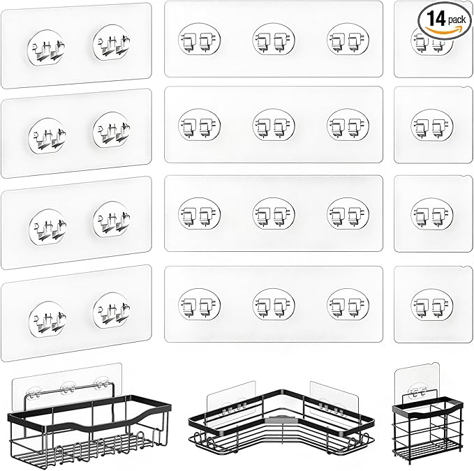 14 Pack Shower Caddy Adhesive Replacement, Strong Adhesive Hooks for Shower Caddy, Shower Shelf Adhesive No Drilling, for Bathroom Storage Shelves and Kitchen Racks & Soap Holder