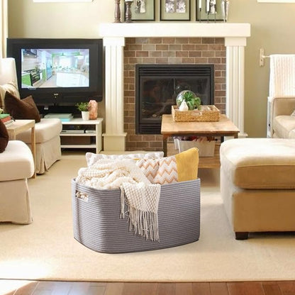 OIAHOMY 75L Large Blanket Basket, Woven Blanket Storage Basket with Handle, Cotton Rope Basket for Organizing 22”x17”x12”, Blanket Basket living Room, Toy Basket for Nursery, Grey