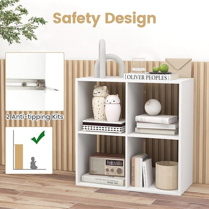 Giantex 4-Cube Bookcase, White Cubby Bookshelf w/Back Guardrail & Anti-Tipping Kits, 6-Tier Freestanding Storage Organizer with Shelves, Open Back Display Rack for Living Room, Bedroom, Study