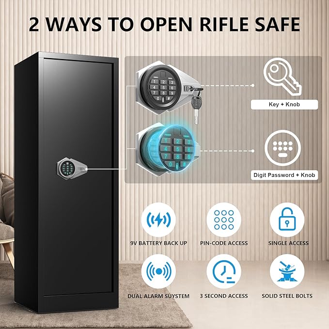 10-12 Gun Safe for Rifles and Pistols, Rifle Safes for Home, Digital Locking Gun Cabinet, Shotgun Safe with Dual Alarm System, Large Rifle Cabinet with Removable Shelf