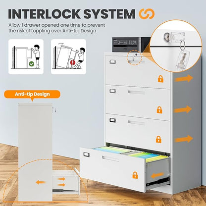 4 Drawer File Cabinets for Home Office, Metal Filing Cabinet with Lock, White Locking File Caninet Four Drawer, Office Storage Caninets Steel Cabnet for Letter/Legal/A4/F4-Assembly Required