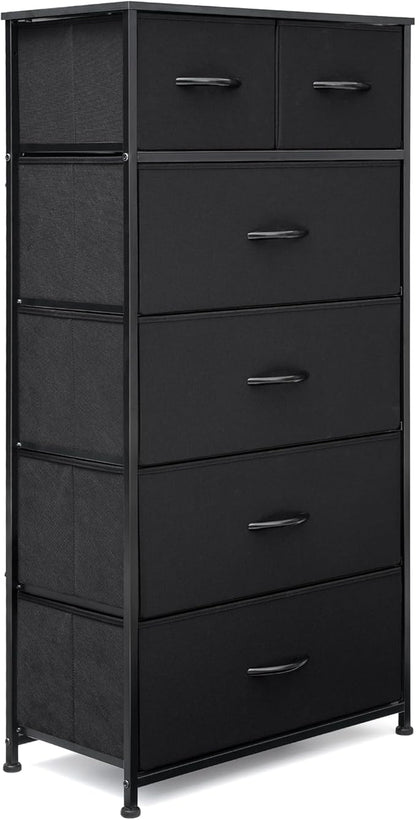 Fabric Dresser for Bedroom, Tall Skinny Dresser with 6 Drawers, Storage Organizer Tower, Steel Frame Wooden Top for Closet, Living Room, Hallway, Nursery(Black)