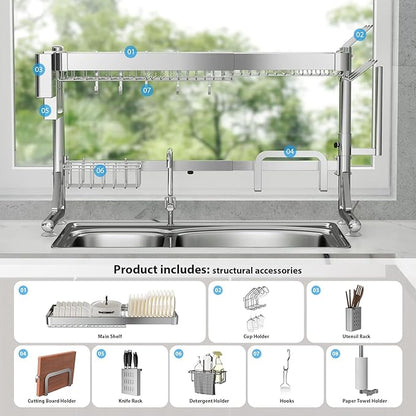 Over The Sink Dish Drainer Drying Rack, 2 Tier Adjustable Width (20.87'' to 37.6'') 304 Stainless Steel Large Over Sink Dish Drying Rack for Kitchen Counter Organizer, (Silver)
