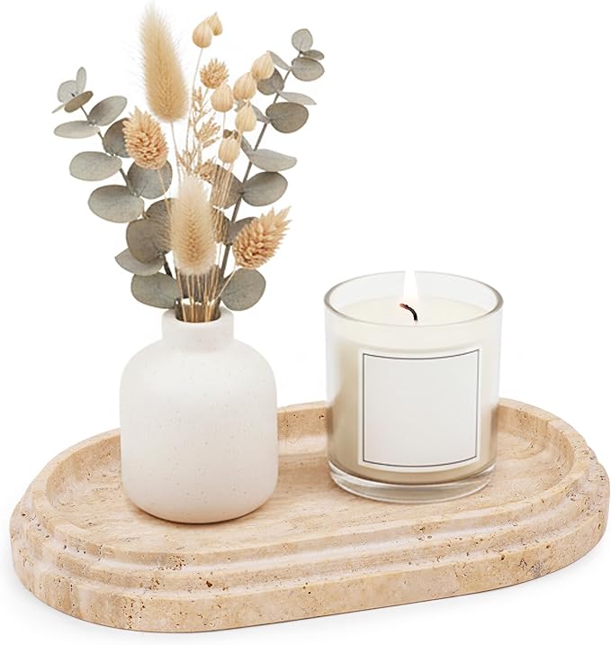 Marble Tray 9.75 Inch Handmade Travertine Bathroom Tray for Countertop Décor - Decorative Trays for Candle, Jewelry & Vanity Accessories