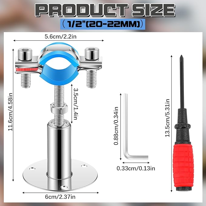 8 Pcs 304 Stainless Steel Wall Mount Ceiling Mount Pipe Supports Bracket, Suitable for OD 1/2"(20-22mm), Adjustable Height 50-100mm, Pipe Strap Clamp with Screws Screwdriver