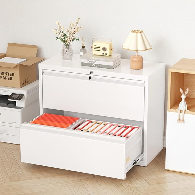 Bonusall File Cabinet, Lateral Filing Cabinet, 2 Drawer Metal File Cabinet with Lock, Lockable Filing Cabinet for Home Office, Hanging Files Letter/Legal/A4/F4 - White