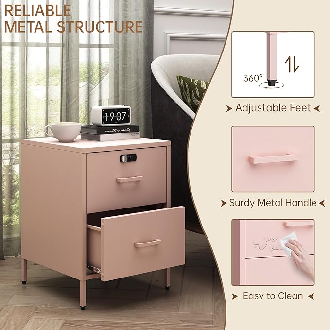 2 Drawer End Side Table with Lock Metal Nightstand, Lockable Storage Cabinet Kids Cabinet for Living Room, Bedroom, Dorm, 21.26”H X 15.75”W X 15.75”D (2 Drawer, Pink)