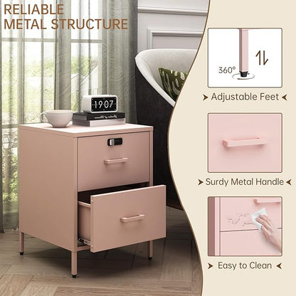 2 Drawer End Side Table with Lock Metal Nightstand, Lockable Storage Cabinet Kids Cabinet for Living Room, Bedroom, Dorm, 21.26”H X 15.75”W X 15.75”D (2 Drawer, Pink)