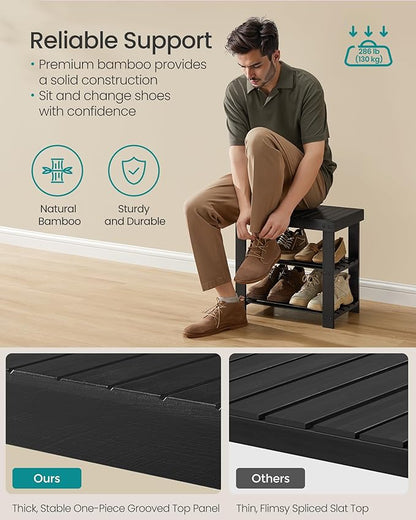 SONGMICS Shoe Rack Bench, 3-Tier Bamboo Shoe Storage Organizer, Entryway Bench, Holds Up to 286 lb, 11.3 x 19.7 x 17.8 Inches, for Entryway Bathroom Bedroom, Ink Black ULBS001B01