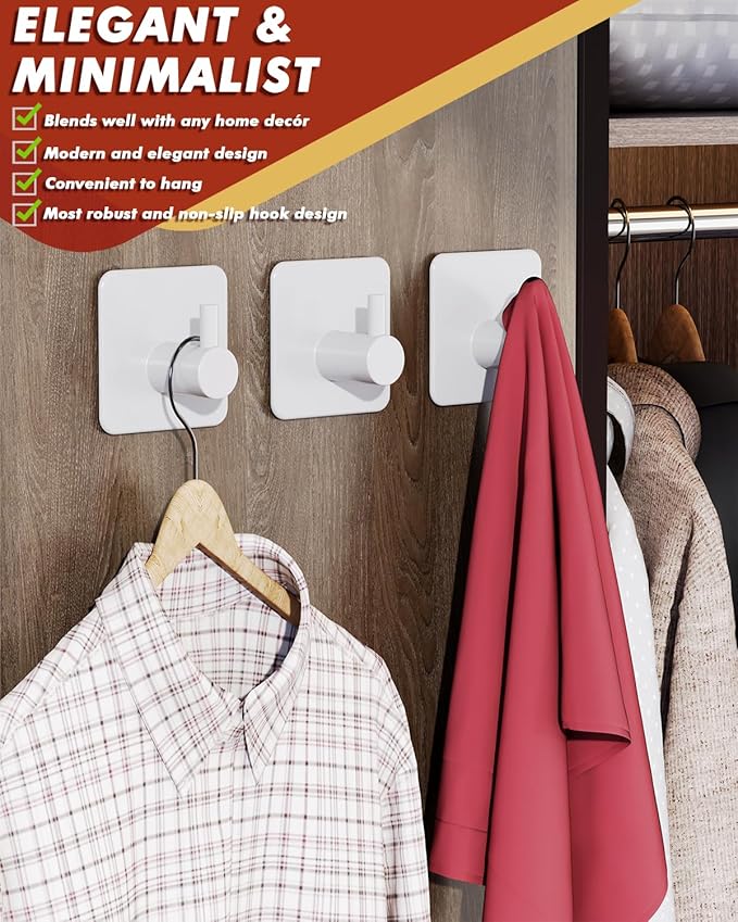 Auxmir Adhesive Hooks Heavy Duty 22lb(Max) Towel Hooks for Shower, 5 Pack Self Adhesive Damage Free Wall Hooks, Stainless Steel for Coat Robe, Waterproof Oilproof Rustproof for Bathroom Kitchen Office