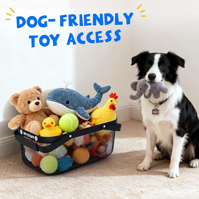 Metal Dog Toy Basket: Pet Toy Box Storage Bin for Living Room Area, Mesh Design and Sturdy 16 (L) x 9.5 (W) x 7 (H) inches