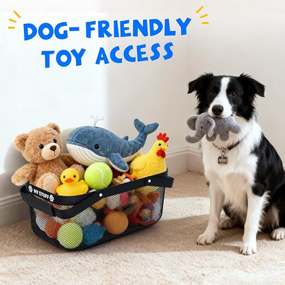 Metal Dog Toy Basket: Pet Toy Box Storage Bin for Living Room Area, Mesh Design and Sturdy 16 (L) x 9.5 (W) x 7 (H) inches