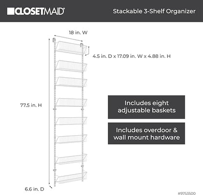 ClosetMaid 97535 Wall or Door Adjustable (8) Basket Organizer, 6.614-Inch D x 77.165-Inch H x 17.992-Inch W, White