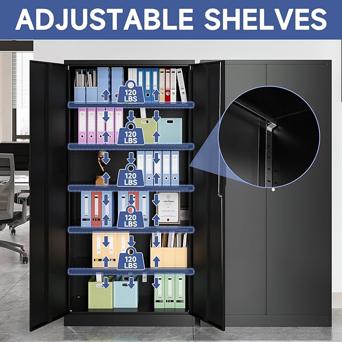 Metal Garage Storage Cabinet, 71" Locking Cabinet with 2 Doors and 4 Adjustable Shelves, Black