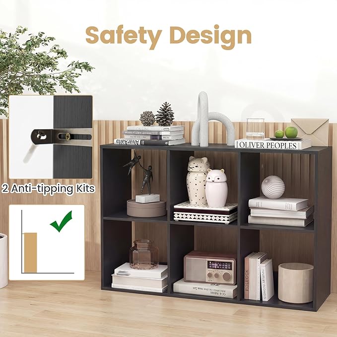 Giantex 6-Cube Bookcase, Cubby Bookshelf w/Back Guardrail & Anti-Tipping Kits, 9-Tier Freestanding Storage Organizer with Shelves, Open Back Display Rack for Living Room, Bedroom, Study