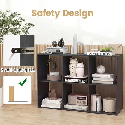 Giantex 6-Cube Bookcase, Cubby Bookshelf w/Back Guardrail & Anti-Tipping Kits, 9-Tier Freestanding Storage Organizer with Shelves, Open Back Display Rack for Living Room, Bedroom, Study