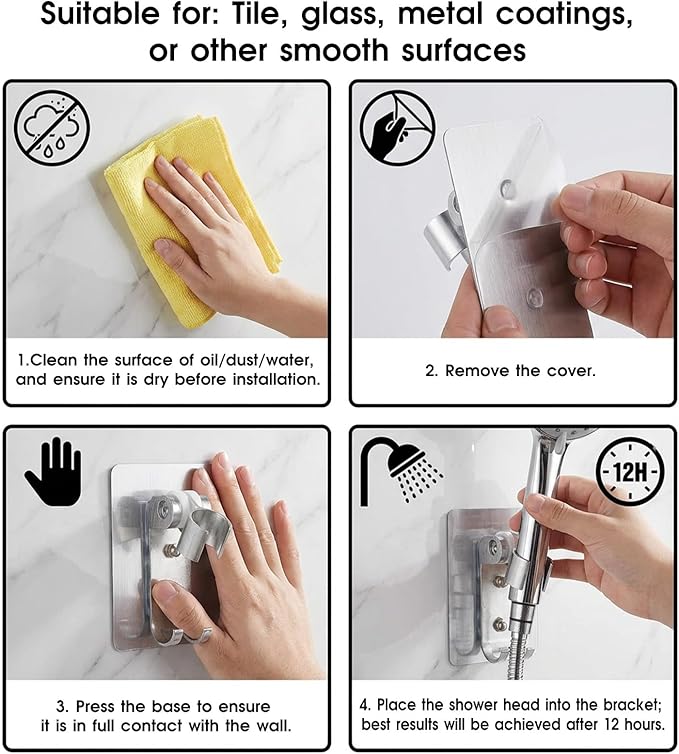Adhesive Shower Head Holder with 2 Hanger Hooks, Adjustable Shower Wand Holder, Showers Head Holders Wall Mount with Hanger Hooks, No Drill Space Aluminum Showers Wand Stand