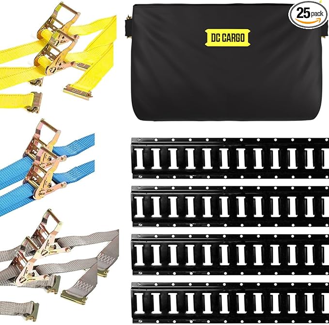 DC Cargo Mall E Track Tie-Down Kit - 25 Pieces: 4 ft Black Rails, E-Track Tie-Down Accessories, & Bag