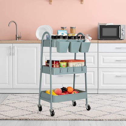 danpinera 3-Tier Rolling Cart, Utility Cart Mobile Metal Rolling Storage Cart with Lockable Wheels & Hanging Cups & Hooks for Kitchen, Bathroom, Office, Workshop, Gray Blue
