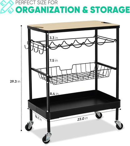Sekey Rolling Kitchen Cart with Wine Rack, Bar Cart, Home Bar Serving Cart on Wheels with Hook, Mobile Beverage Microwave Carts, for Home, Living Room, Dinning Room, Black and Light Brown