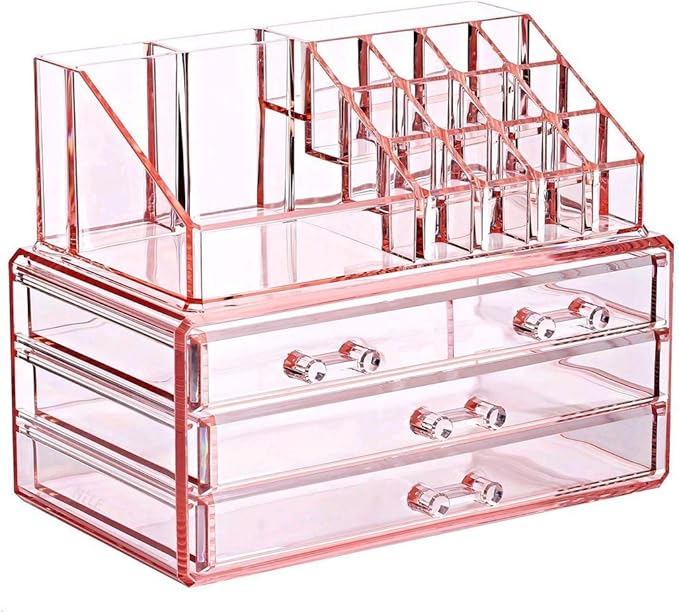 Ikee Design Pink Jewelry & Cosmetic Storage Display Boxes Two Pieces Set, Pink Cosmetic Jewelry Organizer Makeup Holder, Organizer for Vanity