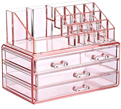 Ikee Design Pink Jewelry & Cosmetic Storage Display Boxes Two Pieces Set, Pink Cosmetic Jewelry Organizer Makeup Holder, Organizer for Vanity
