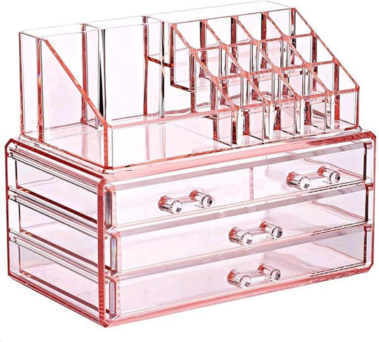 Ikee Design Pink Jewelry & Cosmetic Storage Display Boxes Two Pieces Set, Pink Cosmetic Jewelry Organizer Makeup Holder, Organizer for Vanity