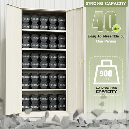 SUNCROWN 72" Metal Storage Cabinet - Heavy-Duty Metal Garage Cabinet with 4 Adjustable Shelves & 2 Doors for Tools, Office, Home, Workshop,Warm Grey