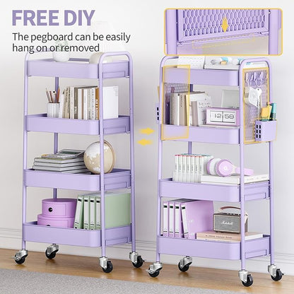 TOOLF 4 Tier Rolling Cart with Pegboard, Metal Storage Organizer Cart with Wheels, Hooks & Bins Esthetician Craft Art Sturdy Storage for Bathroom, Kitchen, Office, Nursery Diaper