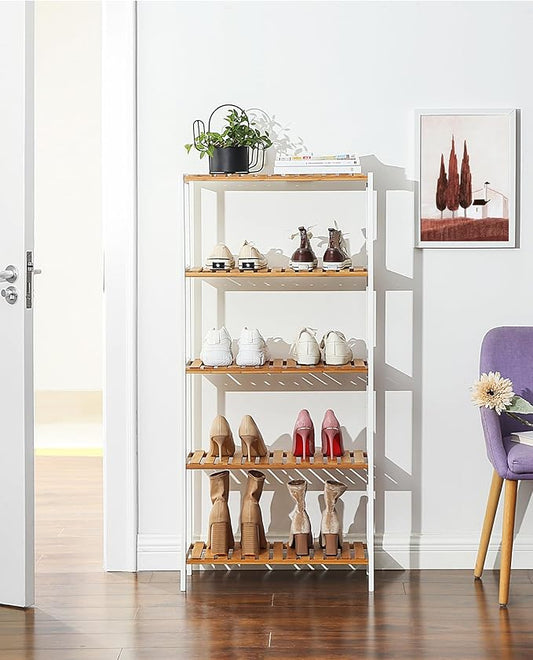 SONGMICS Bamboo Storage Shelf, 5-Tier Shelving Unit, Multifunctional, in The Entryway, Bathroom, Living Room, Balcony, Kitchen, 10.2 x 23.6 x 51.2 Inches, Cloud White and Light Bamboo UBCB35WN