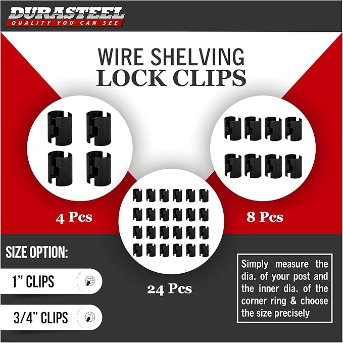 DuraSteel Wire Shelving Shelf Lock Clips / Shelving Sleeves - Fits with Thunder Group, Alera, Honey Can Do, Eagle, Regency, Metro and more - For 1" Post, Plastic, Black, Pack of 24 Pcs