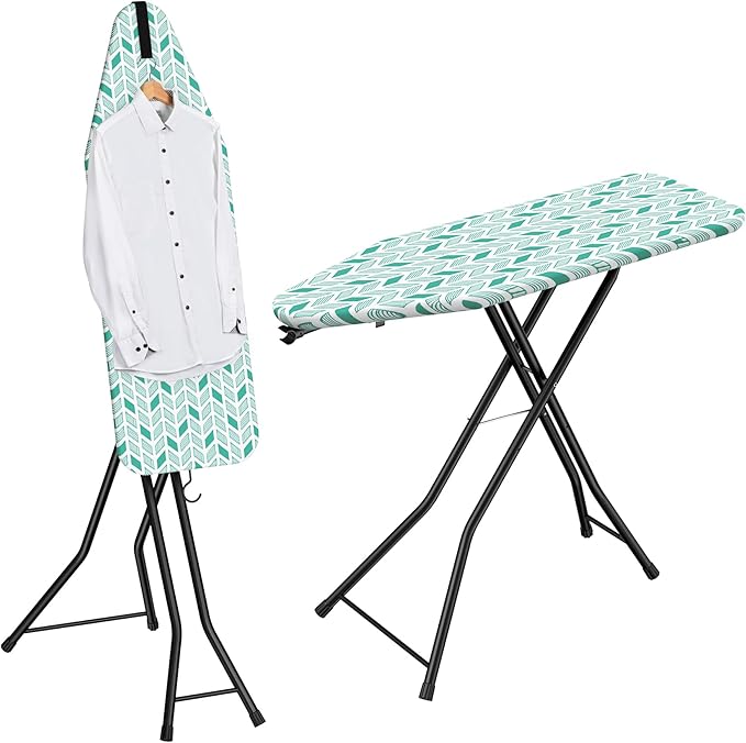 LyriFine Ironing Board, 2-in-1 Flat and Hanging Board, Sturdy Steel Frame Iron Board with Non-Slip Feet, Heat Resistant Cover Iron Board, Foldable Ironing Board Full Size with Hook, 14″ x 43″ Green